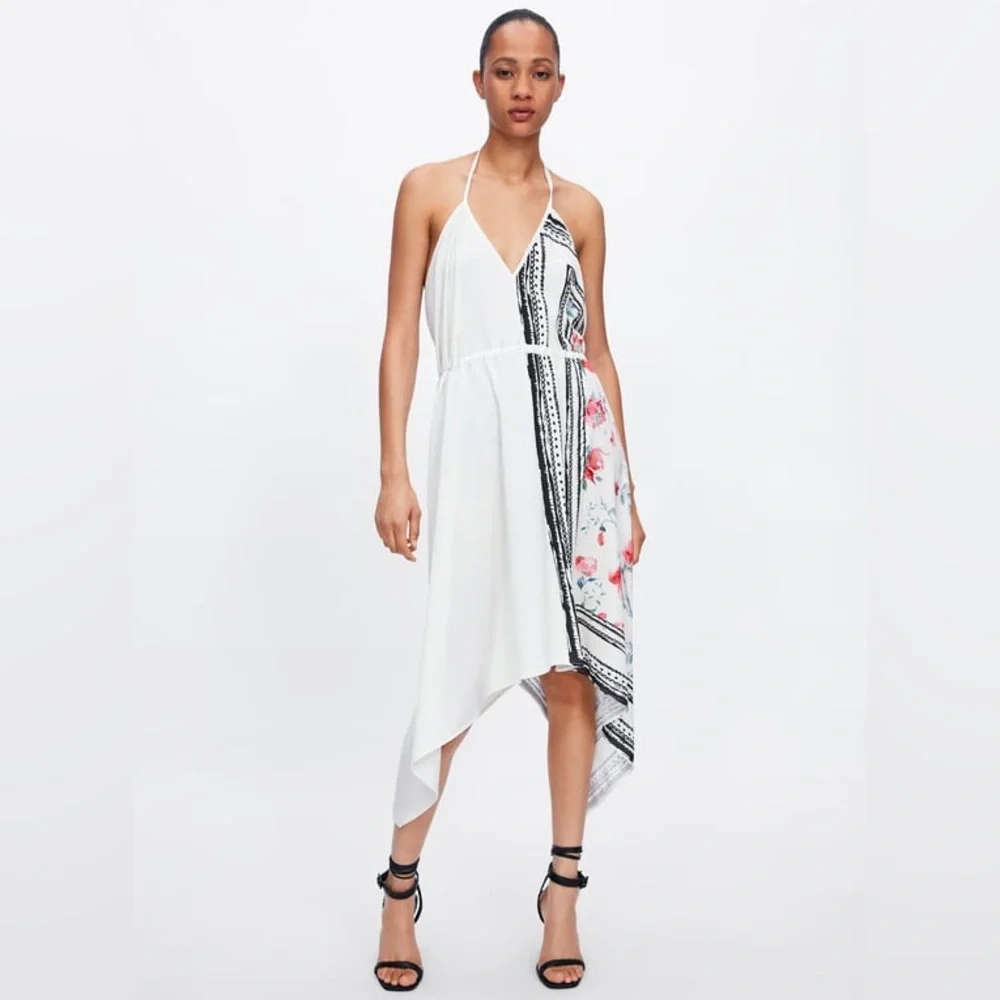ZARA Combined Asymmetric Halter V-Neck Dress Rose Print Black/White/Red Sz S NEW - Picture 2 of 6